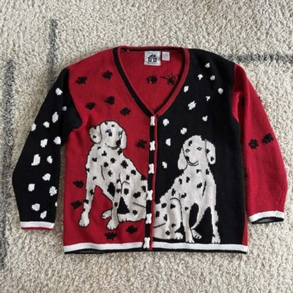 Vtg Handknits Storybook Knits Dalmatian Dogs Cardigan Sweater Red 1X Plus Size